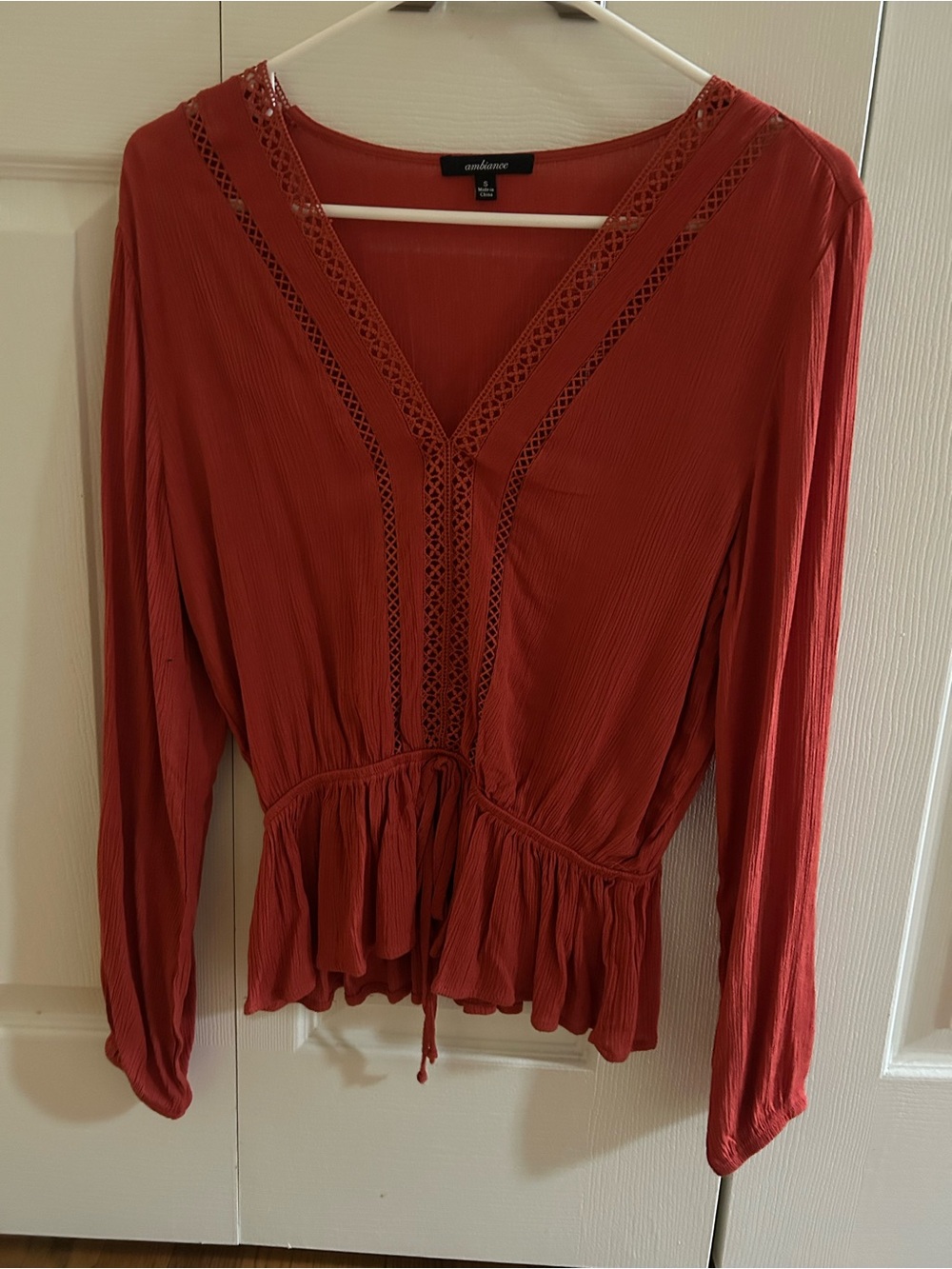 Ambiance Rust Peplum V-Neck Lace-Trim Long Sleeve Blouse